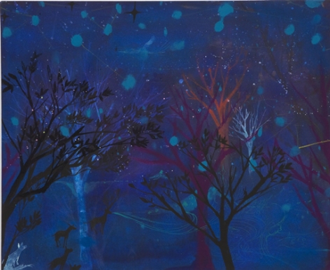 Trees in a Night Forest and Blue Stars par Miki Mochizuka Ito - 2007. Lien sur l'image.