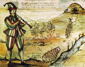 Illustration pour « Le Flûtiste Bariolé de Hamelin » (The Pied Piper of Hameln), le conte des frères Grimm. Ce serait la plus ancienne illustration connue du conte. Elle figure sur un vitrail de l'Église du Marché de Hameln, en Allemagne. Illustration attribuée à Augustin von Moersperg. Elle daterait de 1592.