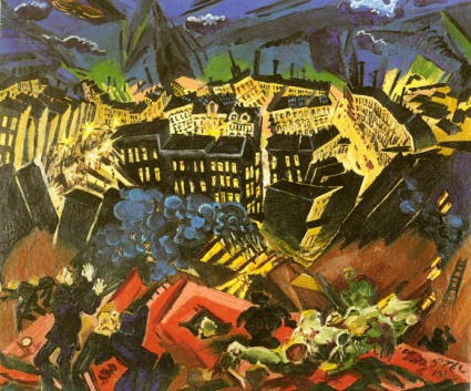 Ludwig Meidner, peintre allemand, 1884-1966. The Burning City; date de 1913. Source en cliquant sur l'illustration.